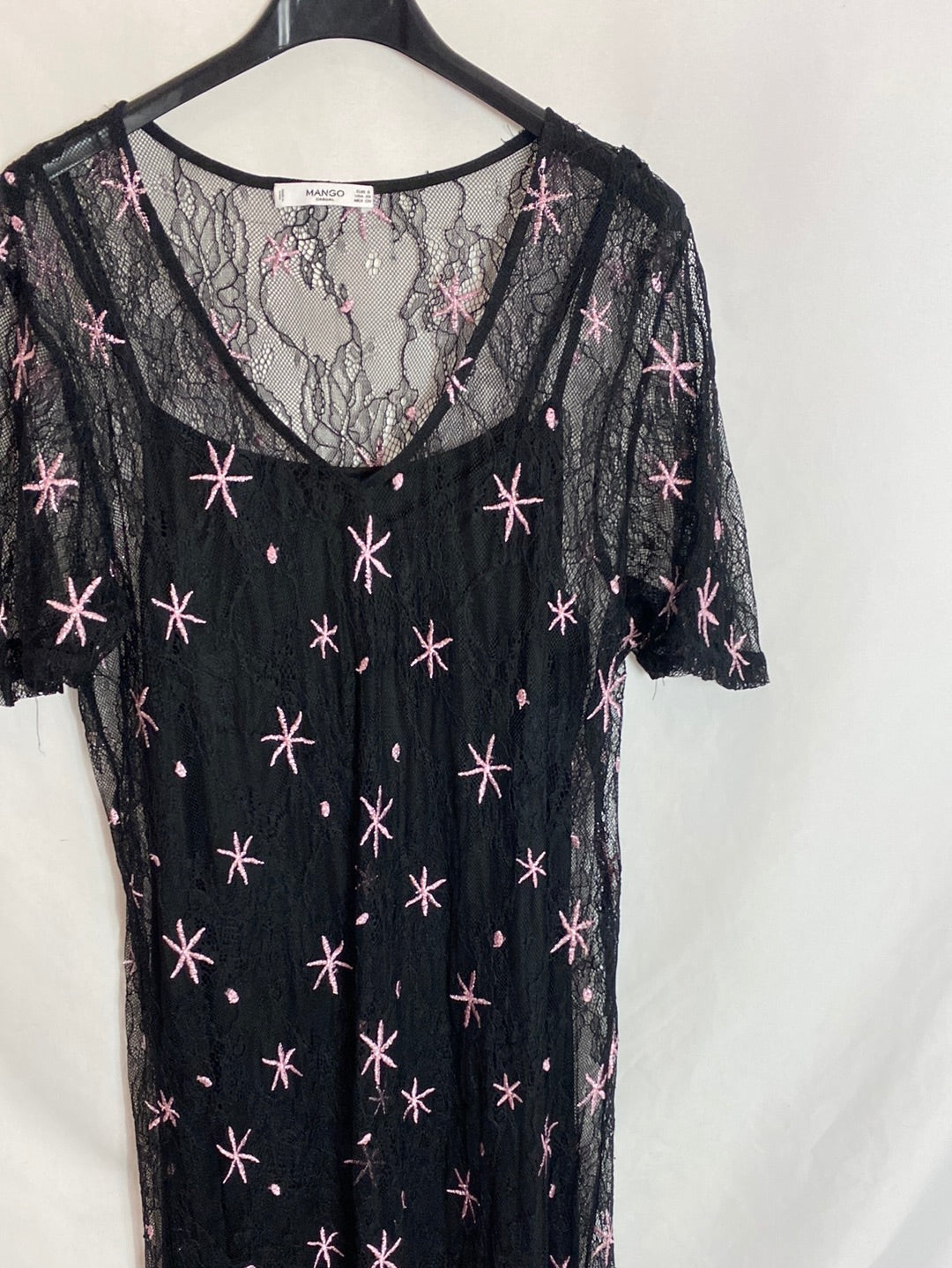 MANGO. Lace midi dress with pink details. TS