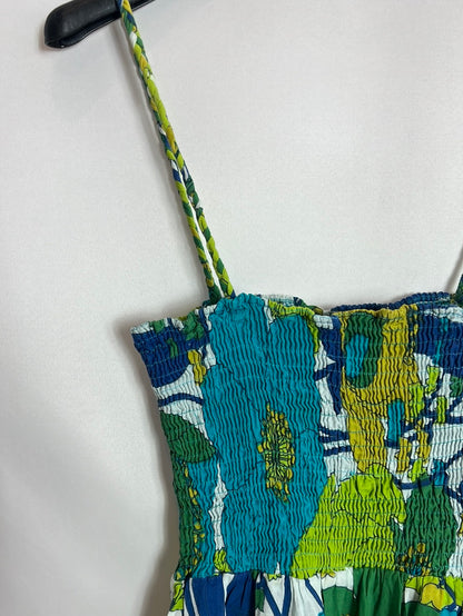 NATURAL VHIC. Long blue and green dress with gathered top. TL