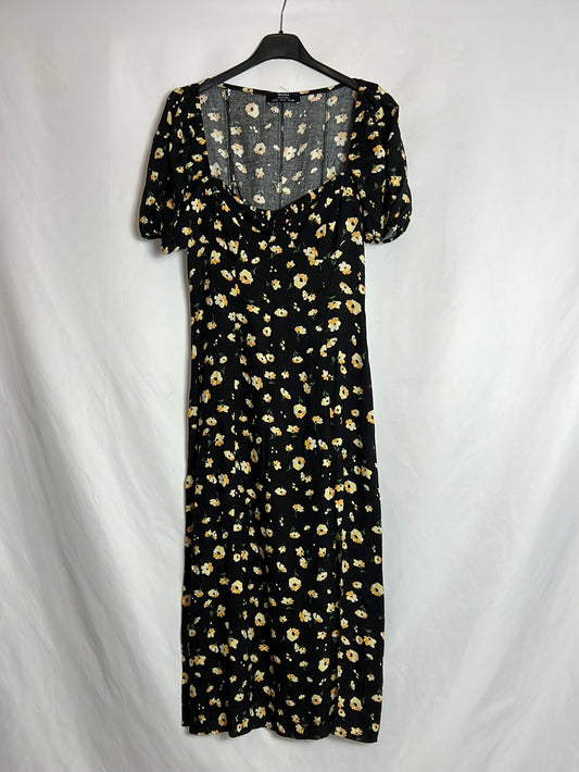BERSHKA. Vestido negro midi flores amarillas. T S