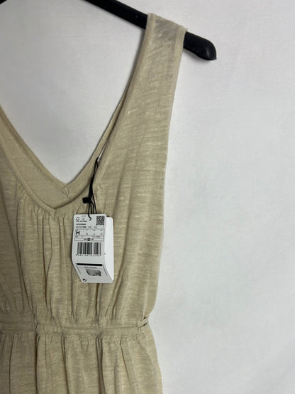 MANGO. Vestido midi beige volante. T M
