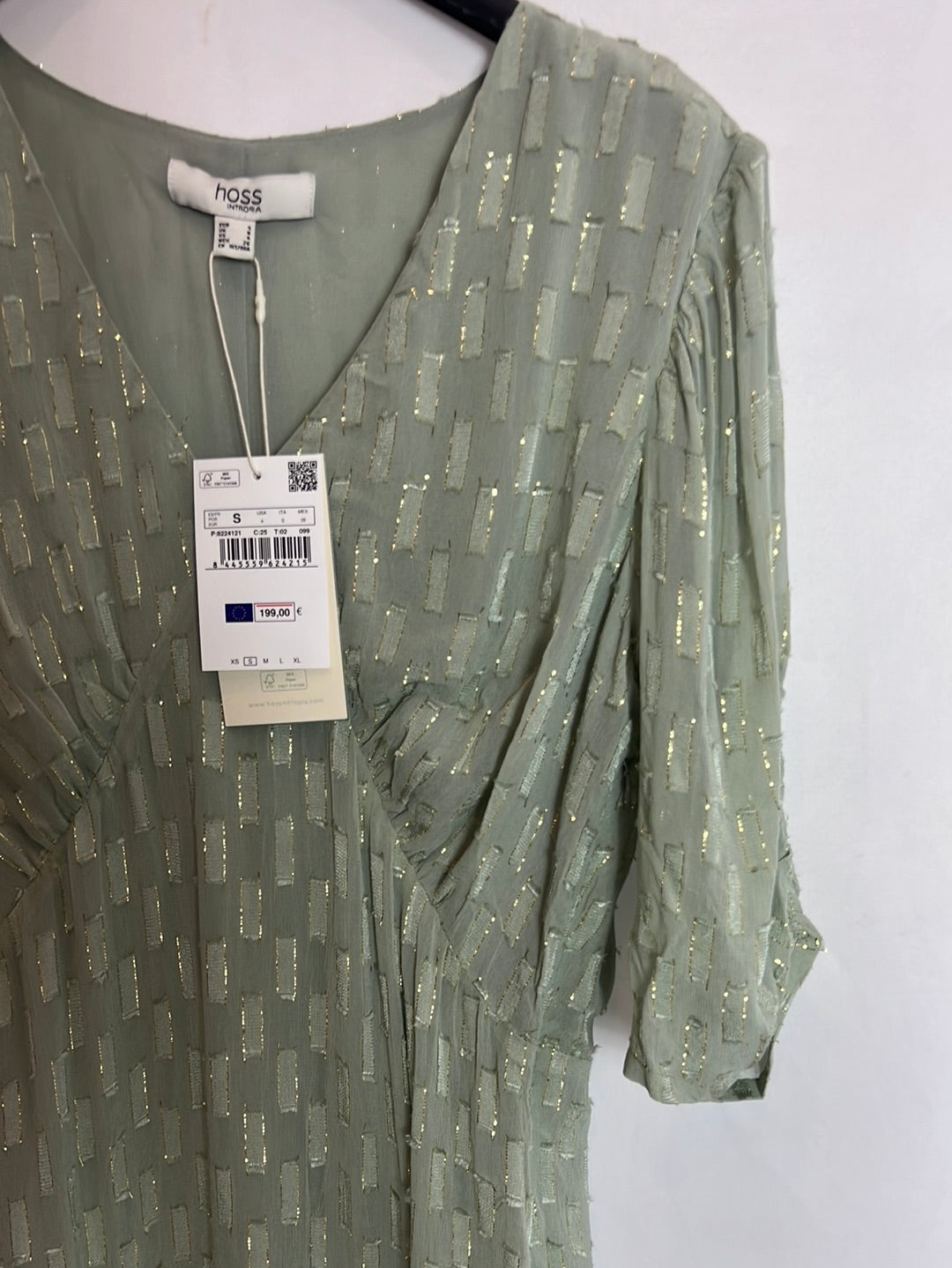 INTROPIA. Light green midi dress with gold threads. TS