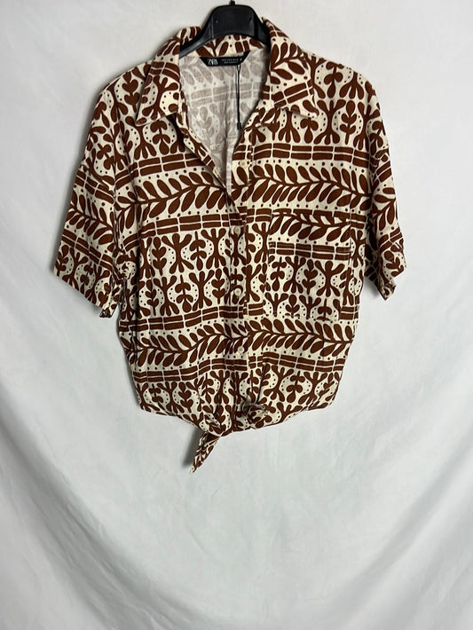ZARA. Camisa manga corta lino estampada. T S