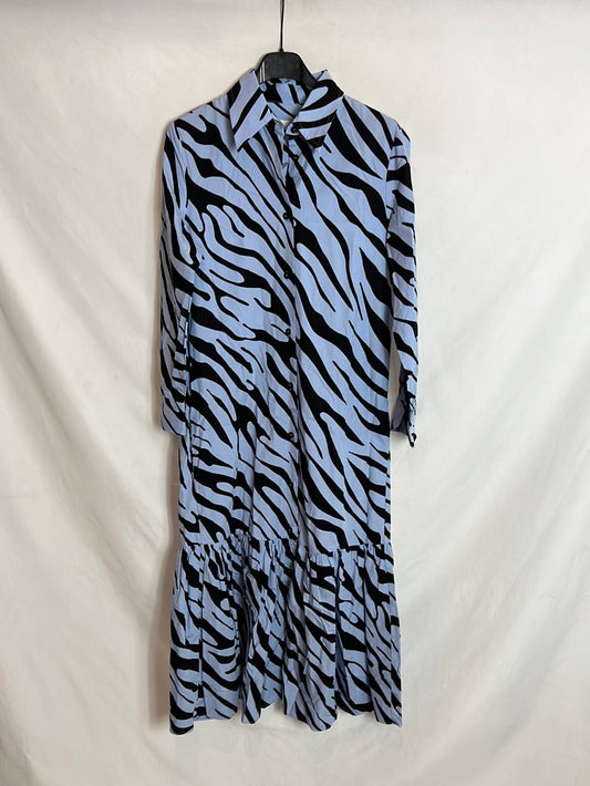 ZARA. Vestido midi camisero azul y negro. T XS