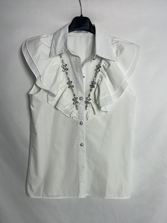 MAY. White sleeveless blouse with rhinestone detail. TM/L