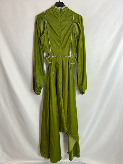 asos green velvet maxi dress ASOS DESIGN Modesty velvet batwing bias maxi dress with floral embroidery in forest green