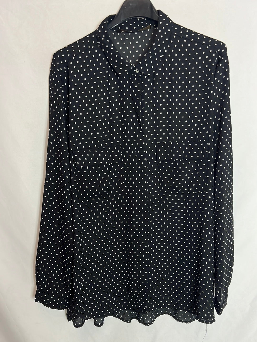 ZARA. Black blouse with white polka dots and pockets. Size XL