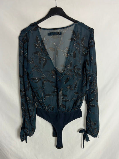 OTHERS. Blue printed bodysuit with bow neckline. TS