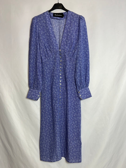 RÉALISATION. Vestido seda morado flores. T XXS