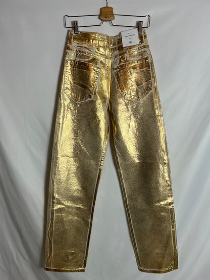 ZARA. Pantalón denim textura dorado. T 34