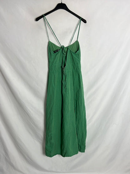 ZARA. Vestido verde midi efecto lino. T M