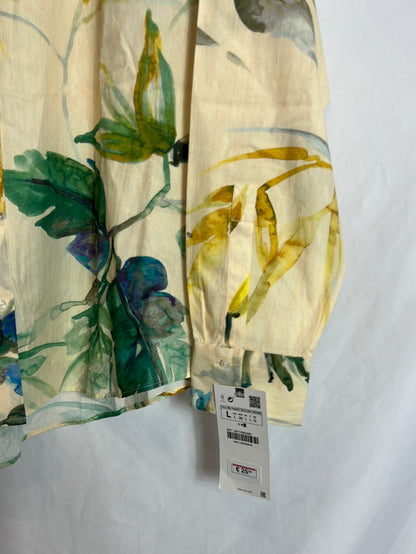 ZARA. Camisa amarilla estampada flores. T L