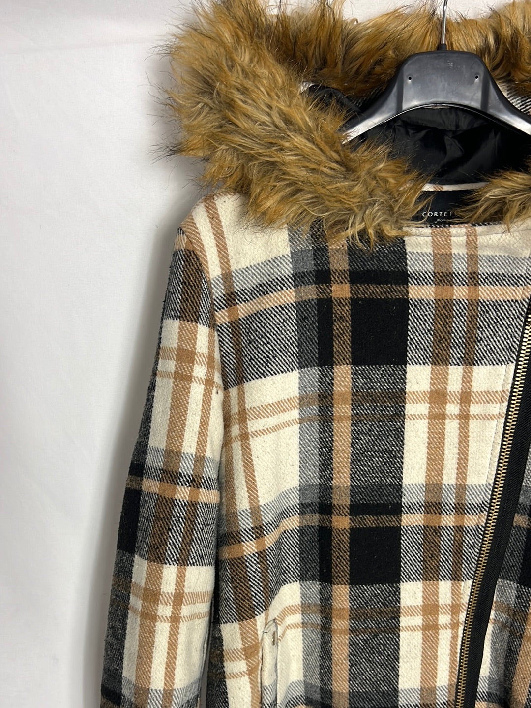 CORTEFIEL. Abrigo cuadros capucha. T S (Tara)
