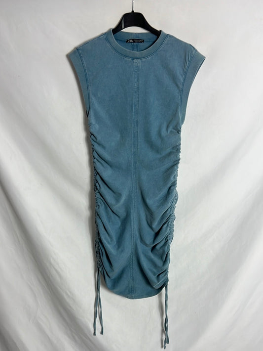 ZARA. Vestido corto azul fruncidos. T S