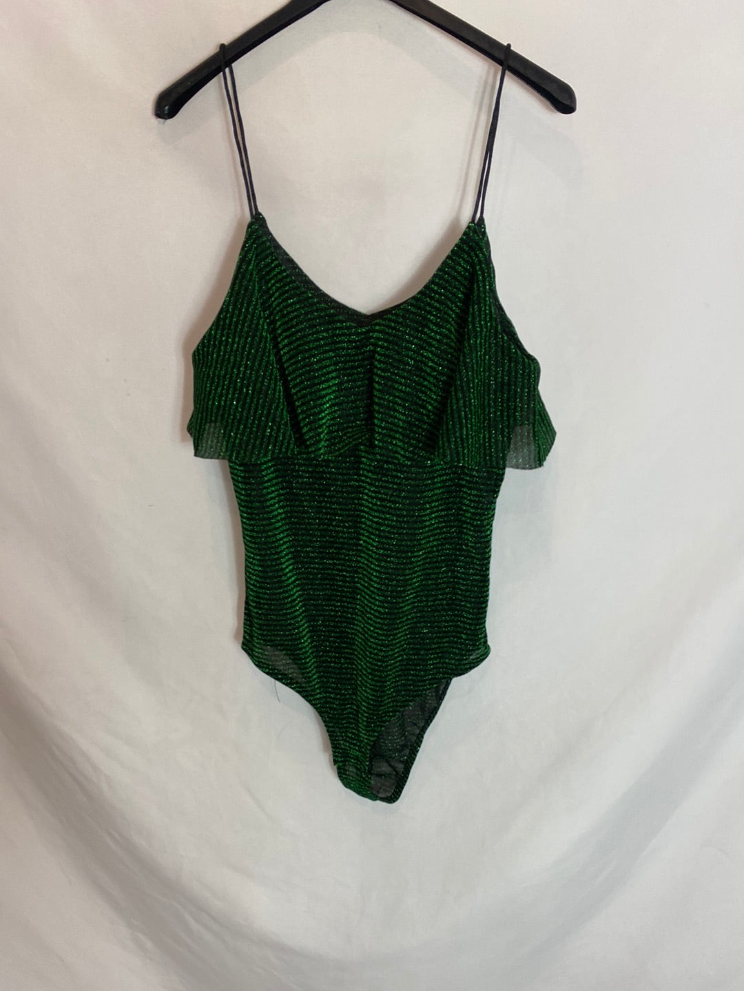 OTHERS. Black bodysuit with green stripes. TS