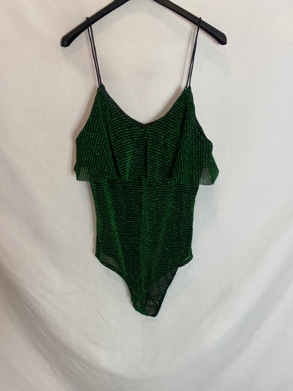 OTHERS. Black bodysuit with green stripes. TS