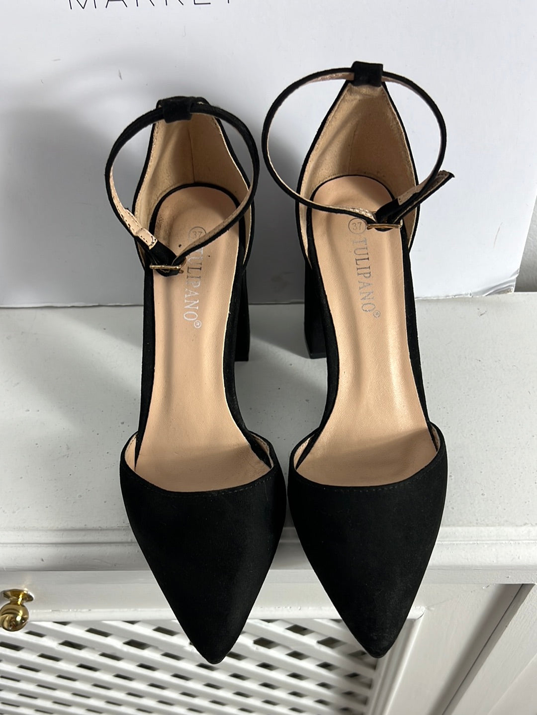 TULIPANO. Black high heels with ankle buckle. Size 37