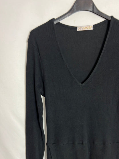 VALENTINA. Vestido midi negro canalé. T S