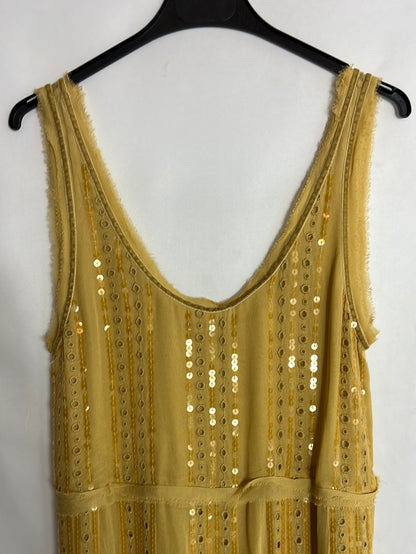 ZARA. Vestido gasa mostaza lentejuelas. T XS