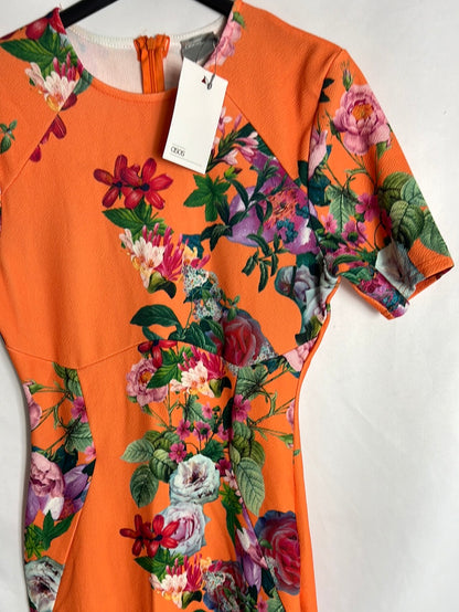 ASOS. Vestido midi naranja estampado ajustado. T 38