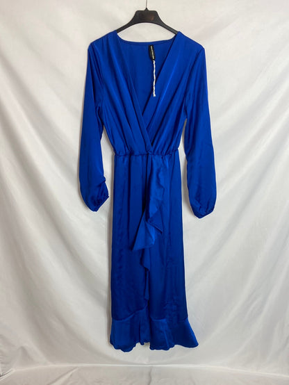 NEW COLLECTION. Vestido midi satinado azul. T.S