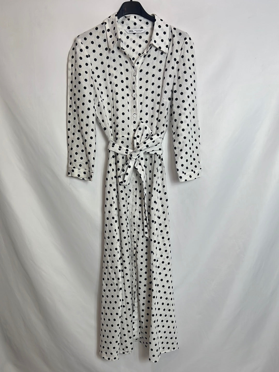 ZARA. Linen-effect polka dot midi dress. XS