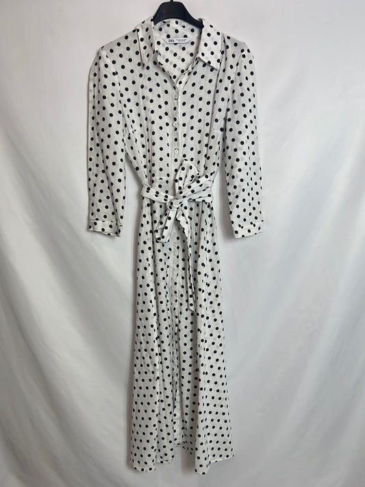 ZARA. Linen-effect polka dot midi dress. XS