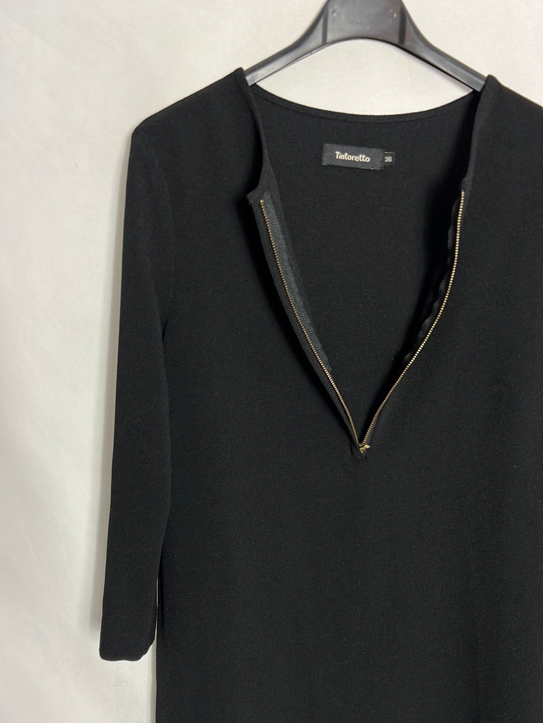 TINTORETTO. Short black dress with zippers. Size 36