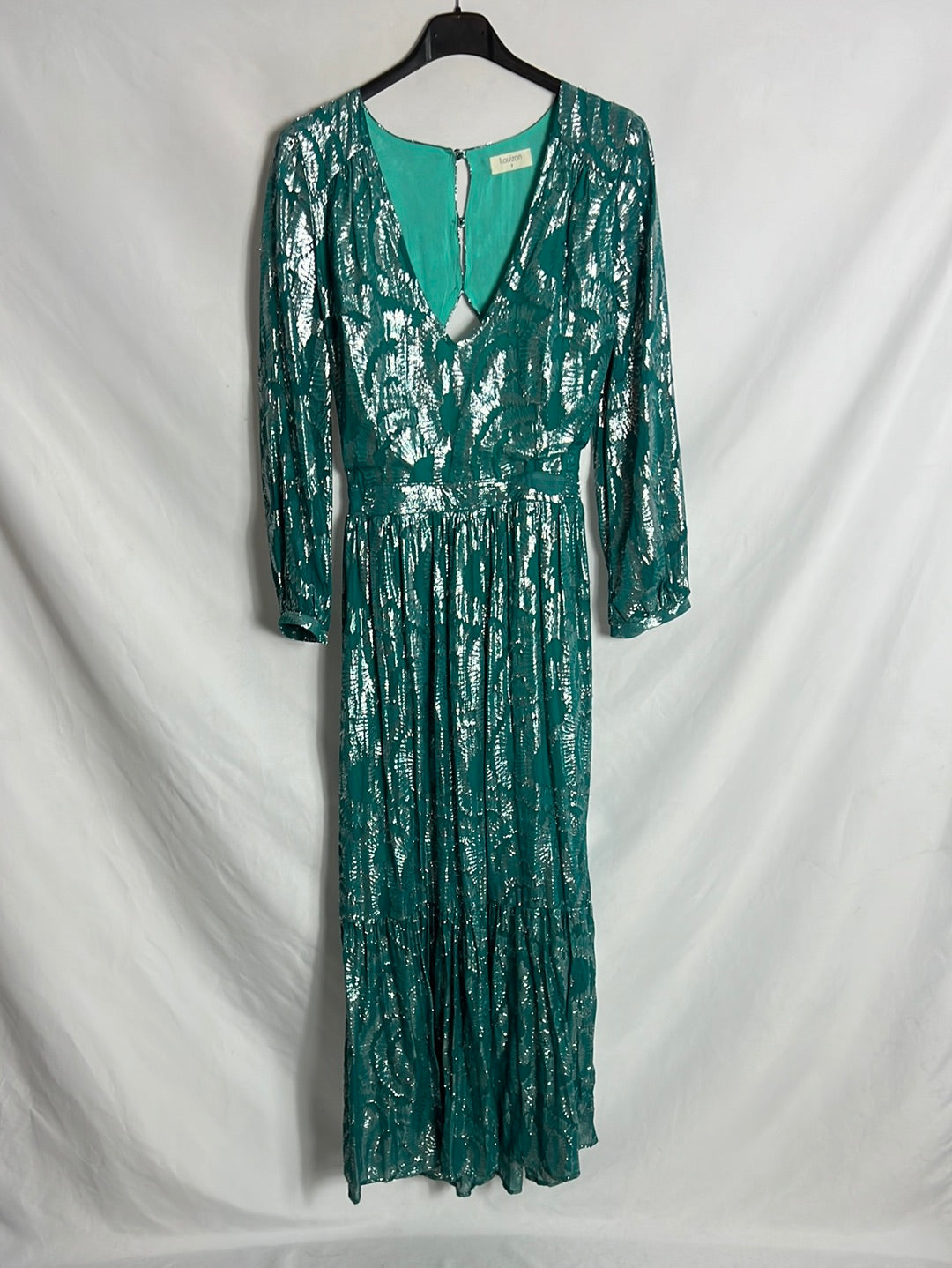 LOUIZON. Vestido midi azul hilos plateados. T 1 (S)