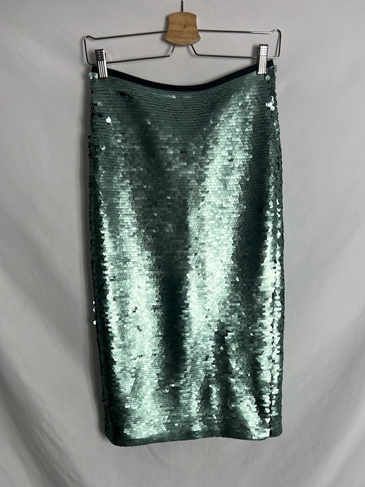 MANGO. Falda midi lentejuelas metalizada. T 34