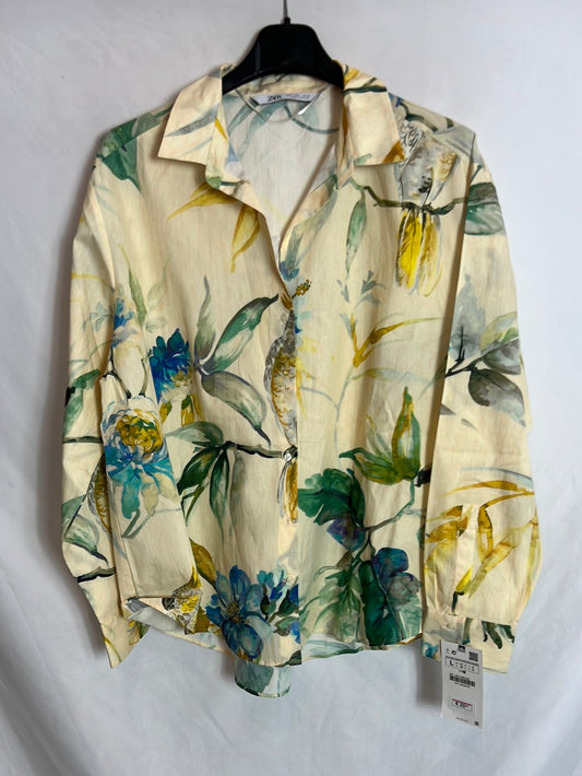 ZARA. Camisa amarilla estampada flores. T L