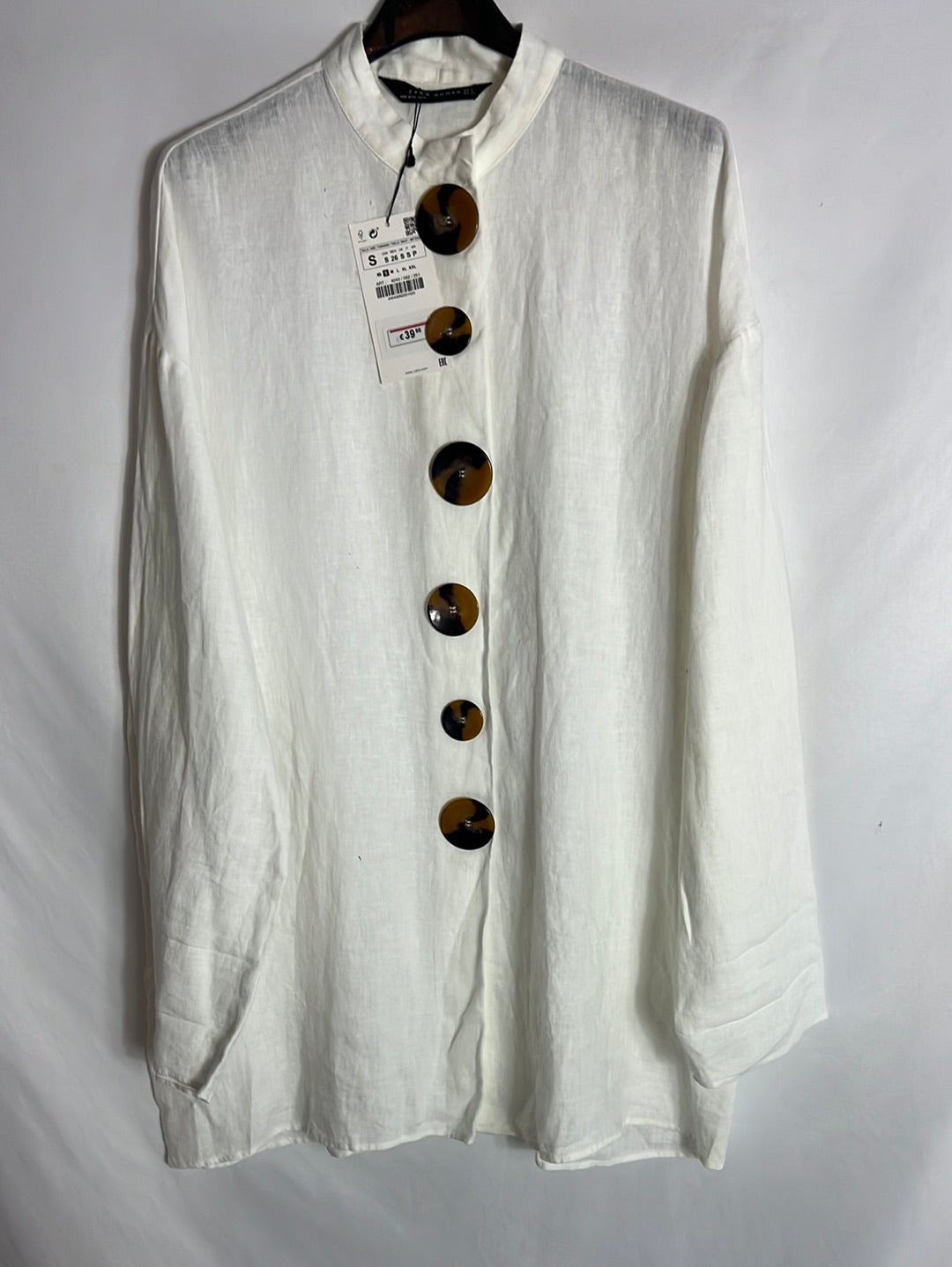 ZARA. Blusa lino blanca botones. T S