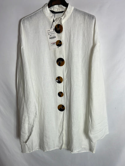 ZARA. Blusa lino blanca botones. T S