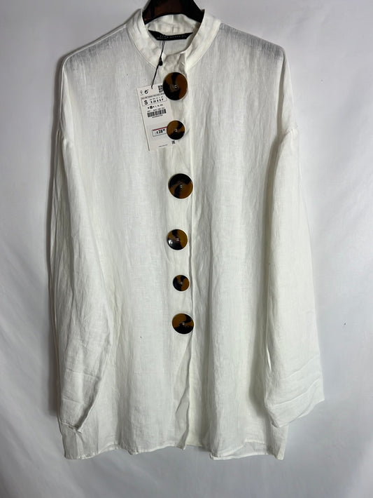 ZARA. Blusa lino blanca botones. T S