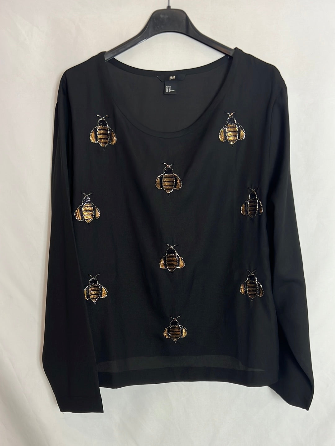 H&amp;M. Black beaded insect blouse. Size 46 (XL)