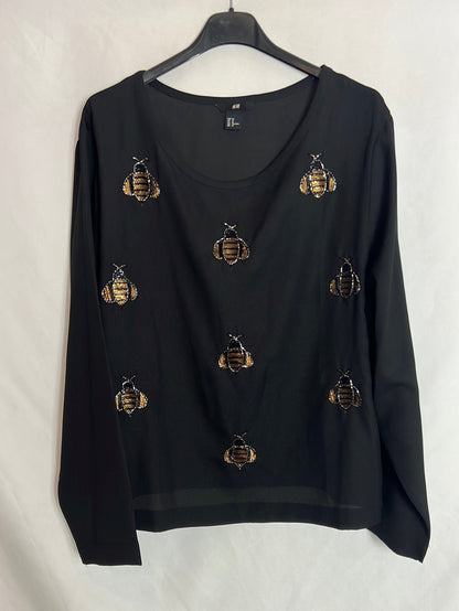 H&amp;M. Black beaded insect blouse. Size 46 (XL)