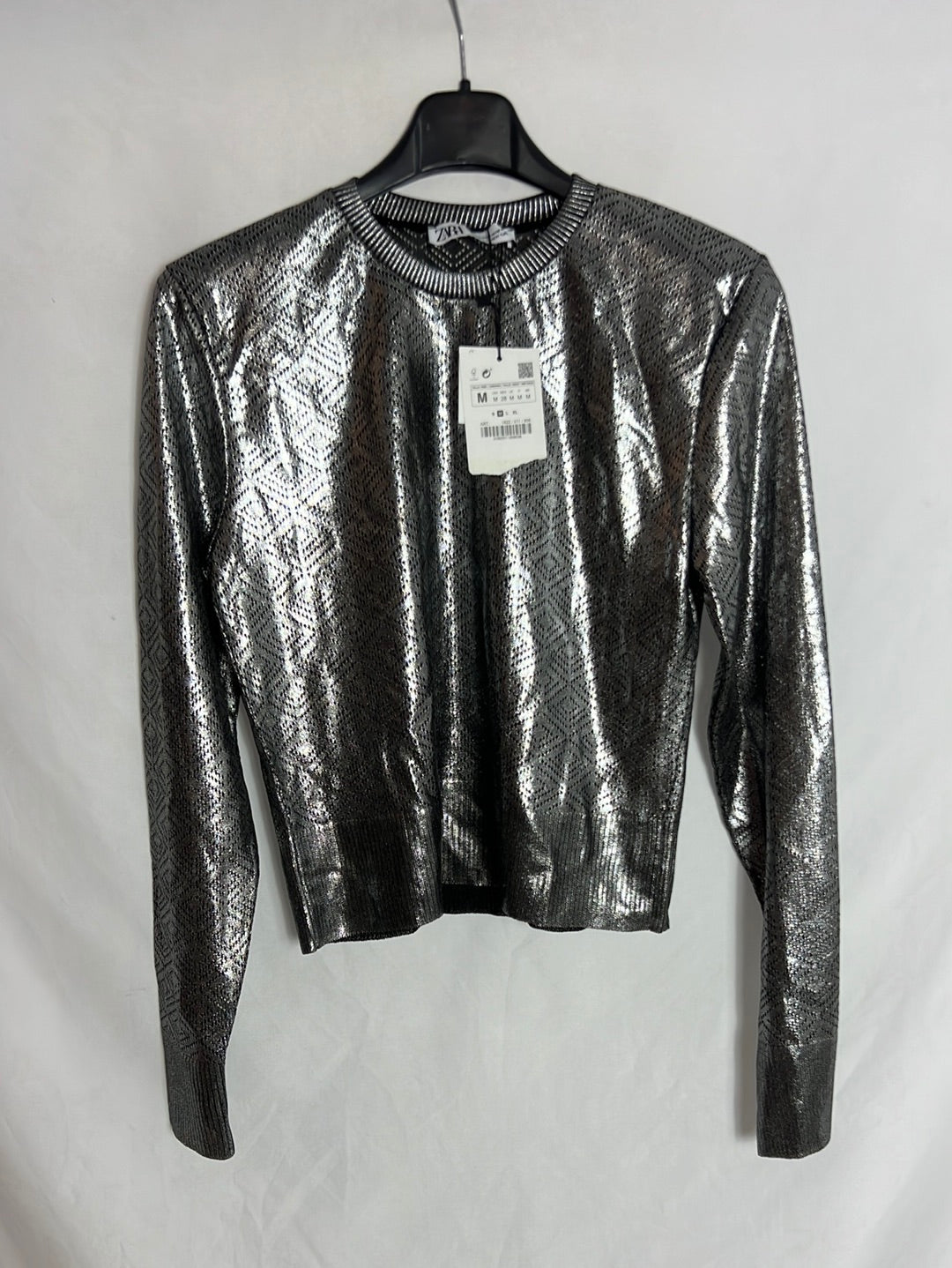 ZARA. Jersey fino calado plateados. T M