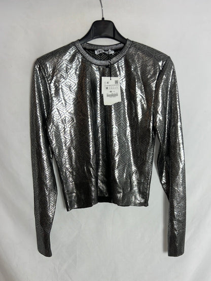 ZARA. Jersey fino calado plateados. T M