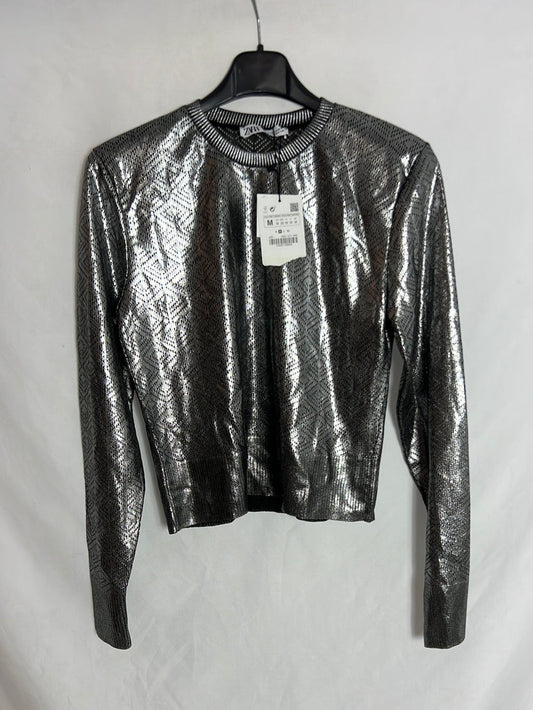 ZARA. Jersey fino calado plateados. T M