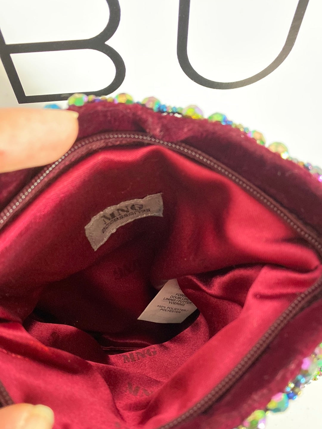 MANGO. Burgundy handbag with rhinestones