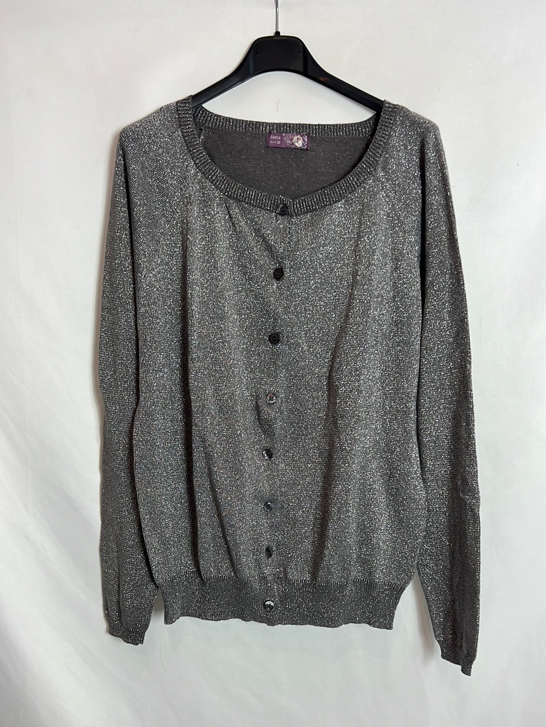 FESTA. Gray cardigan with silver threads. Size 50