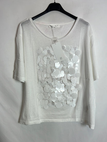 ZARA. Camiseta blanca lentejuelas. T L