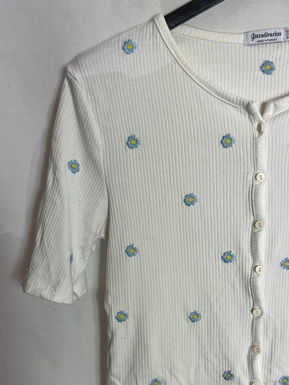 STRADIVARIUS. Top blanco canalé flores T.s