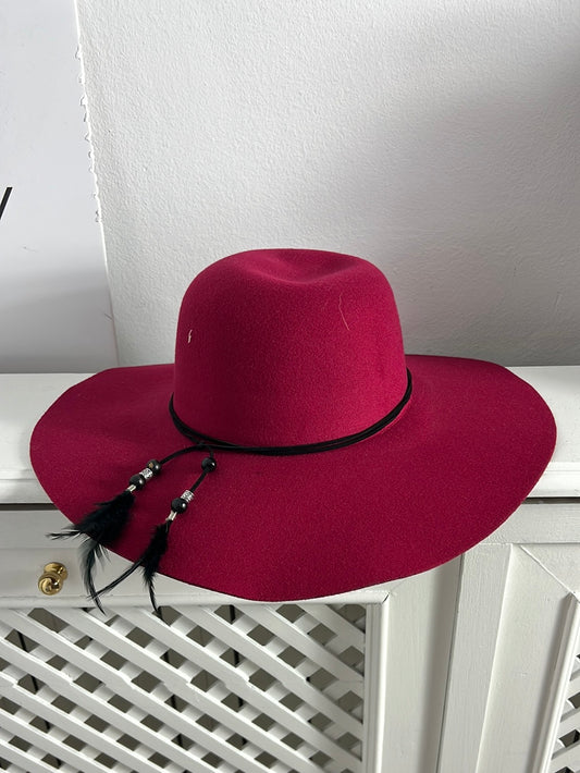 OTHER. Burgundy hat with feather detail. Size 57