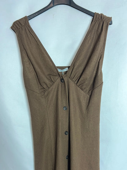 PULL&BEAR. Vestido midi marrón abotonado. T S