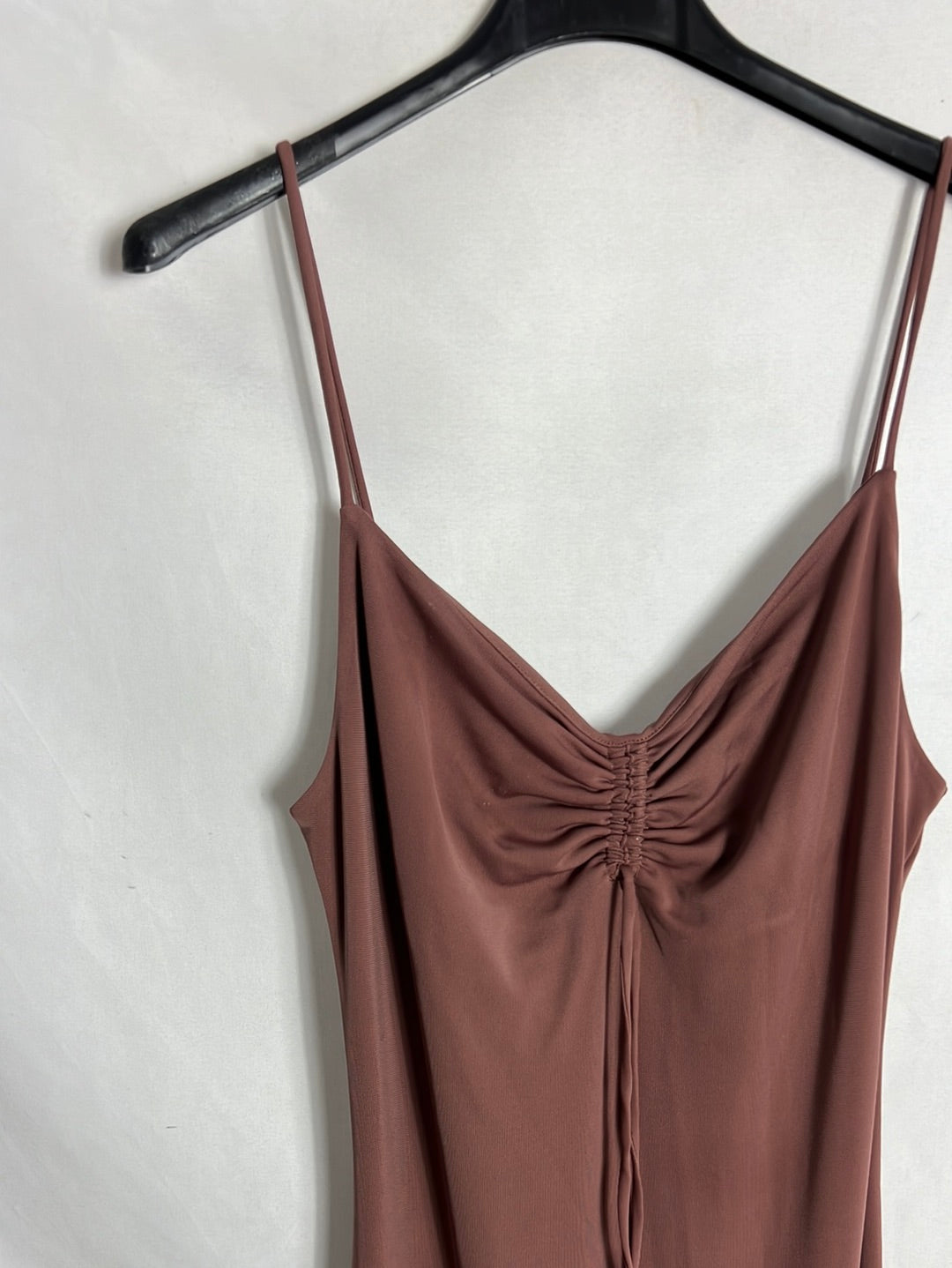 MANGO. Vestido largo escote fruncido. T S