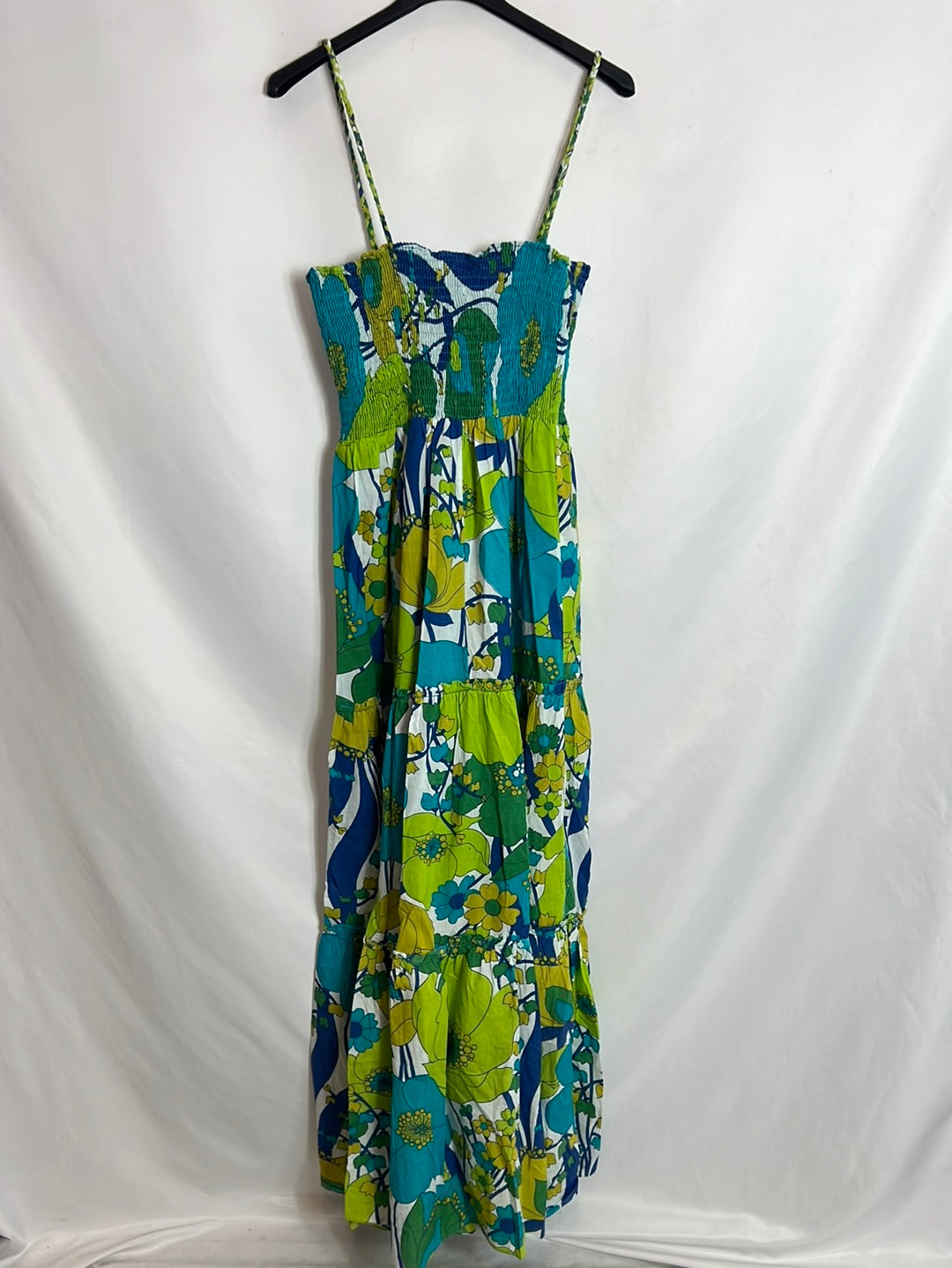 NATURAL VHIC. Long blue and green dress with gathered top. TL