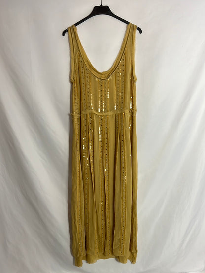 ZARA. Vestido gasa mostaza lentejuelas. T XS