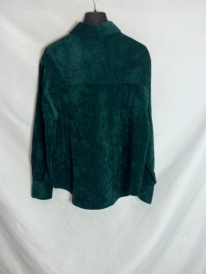 ZARA. Camisa botones textura verde. T.M