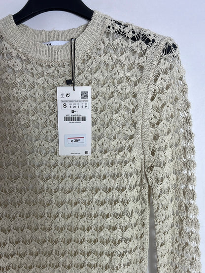 ZARA. Vestido largo crochet beige. T S