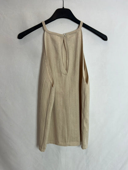 MANGO. Top textura beige cuello halter. T L